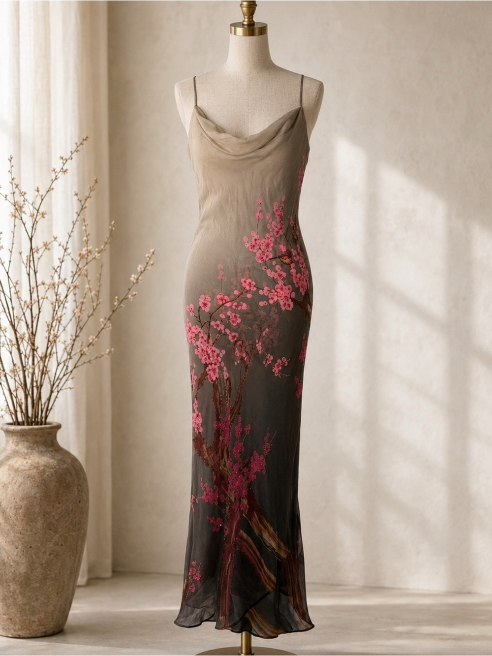 Sue Wong Vintage Silk Taupe Ombre Cherry Pink Floral Beaded Long Maxi Dress Gown